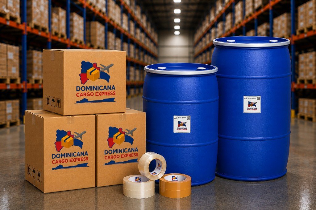 Boxes, packing tape, and barrels from Dominicana Cargo Express